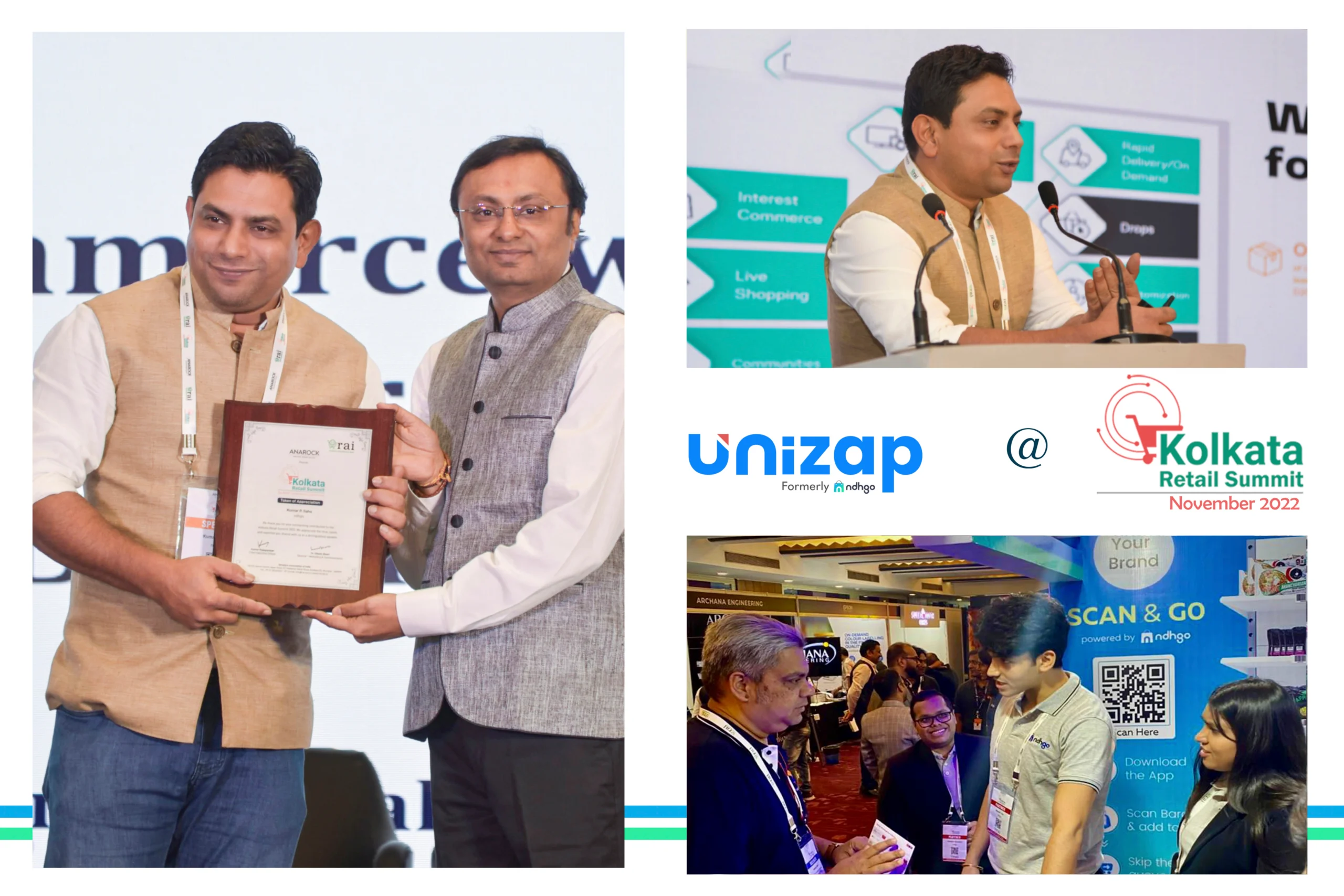 Unizap representatives participating in the Kolkata Retail Summit, receiving recognition, speaking at the event and showcasing the brand at an exhibition booth.